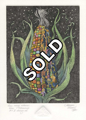 A corn cob that is half taken over by urbanization