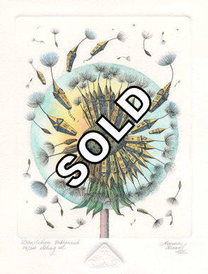 an etching of a dandelion that has become urbanized