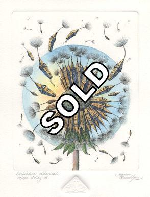 an etching of a dandelion that has become urbanized