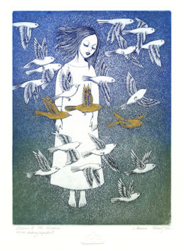girl in dream state with birds
