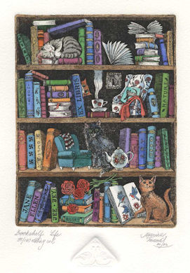a bookcase that is holding books and cats