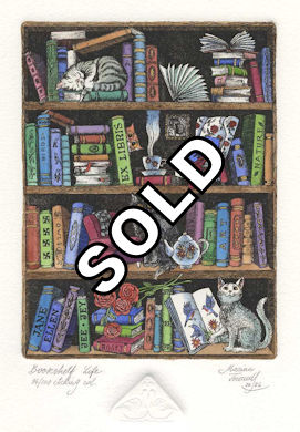 a bookcase that is holding books and cats