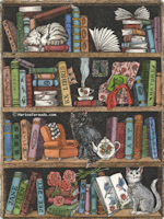 a bookshelf with book and sleeping cats