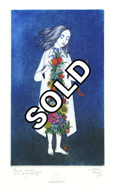 girl in white coat with flowers that are sprouting out of the front