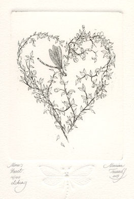 etching of a wildflower wreath in the form of a heart