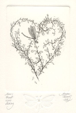 etching of a wildflower wreath in the form of a heart