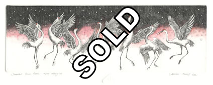 mid-size etching of sandhill cranes dancing