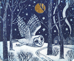 image of an owl flying through a winter night landscape
