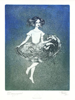 etching of a girl who has a skirt that is a water wave